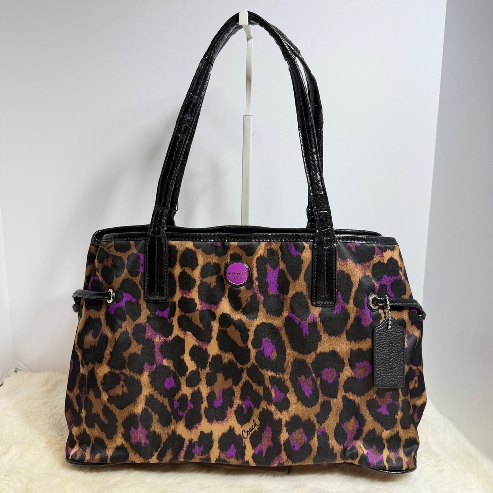 Coach Ocelot Leopard Tote Brown Purple Animal Print Black Patent Leather F25281